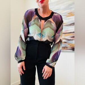 BEBE Multi-Color Geometric Semi-Sheer Wrap Top - Size L NWT